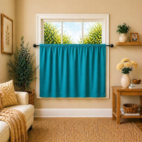 Image of Valance Blackout Rod Pocket Pattern Curtain Pack of 1 Piece, Kitchen Curtain | 3 Feet - Turquoise