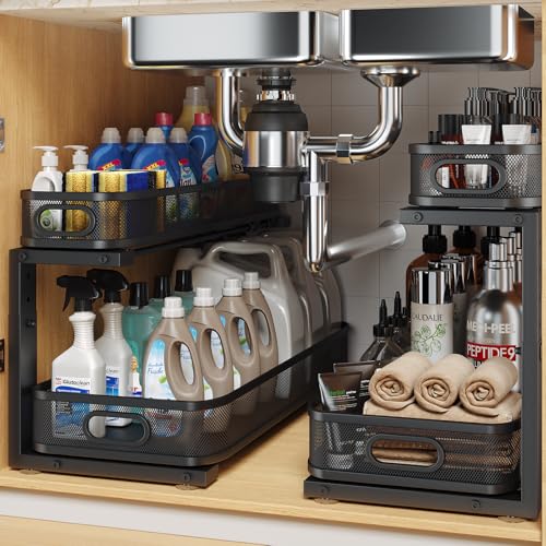 Image of 2 Pack 21.3IN-Depth Under Sink Organizer with Smooth Cylindrical Rail,2-Tier Pull Out Multi-Purpose Cabinet Storage for Bathroom&Kitchen,Height Adjustable,Rust-Resistant Coating-Black