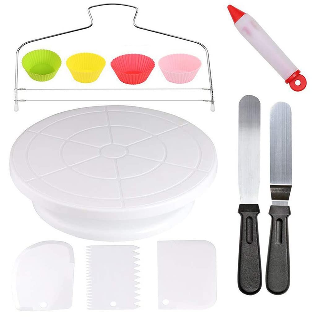 12-teiliges Tortenzubehör-Set: Schichttortenaufsatz, Drehteller, Dekorierstift, Zuckerglätter, Kupplung, Backförmchen