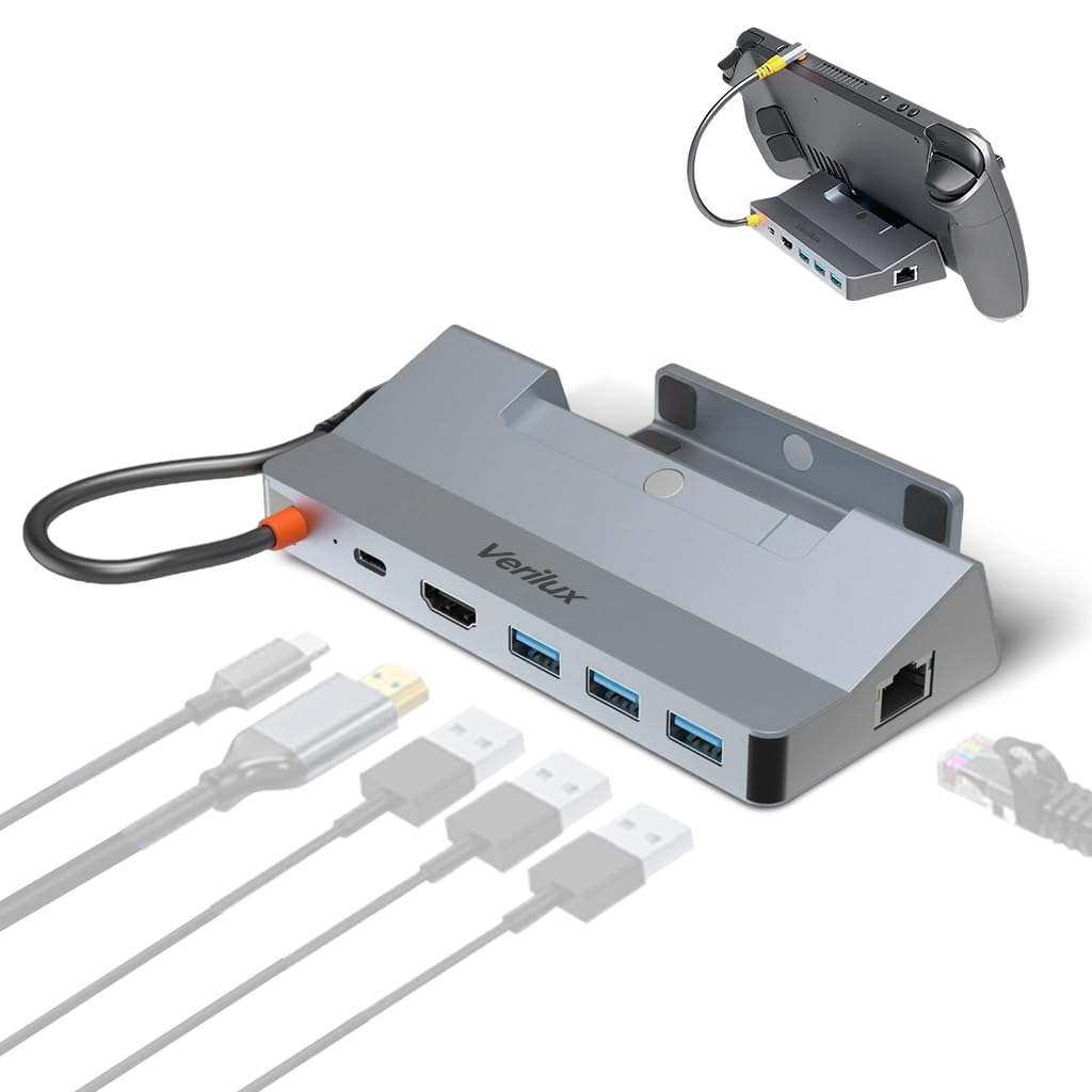Verilux® USB Hub Type-C Dock Station for Steam Deck, ROG, Switch 6 in 1 with Ethernet Converter to Multi USB Hub 3.0 Port Extender for High Speed 4K@60Hz HDMI 100W PD Charging Universal Gaming Stand-image-5