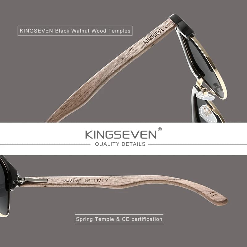 Image of KINGSEVEN Handmade 2023 Black Walnut Wooden Sunglasses Men Polarized UV400 Protection Semi-Rimless Retro Eyewear Women Oculos