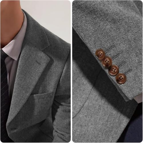 Mens Blazer Vintage Herringbone Tweed Jackets Two Button Sport Coat with Pocket Square with Elbow Patches3
