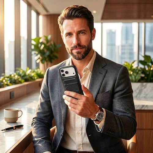 Image of amazon basics Premium Vegan Leather Back Cover with Card Holder and Integrated Mobile Stand for iPhone 17 Pro - Slim Shockproof Wallet Case with Geometric Stitching [Black]
