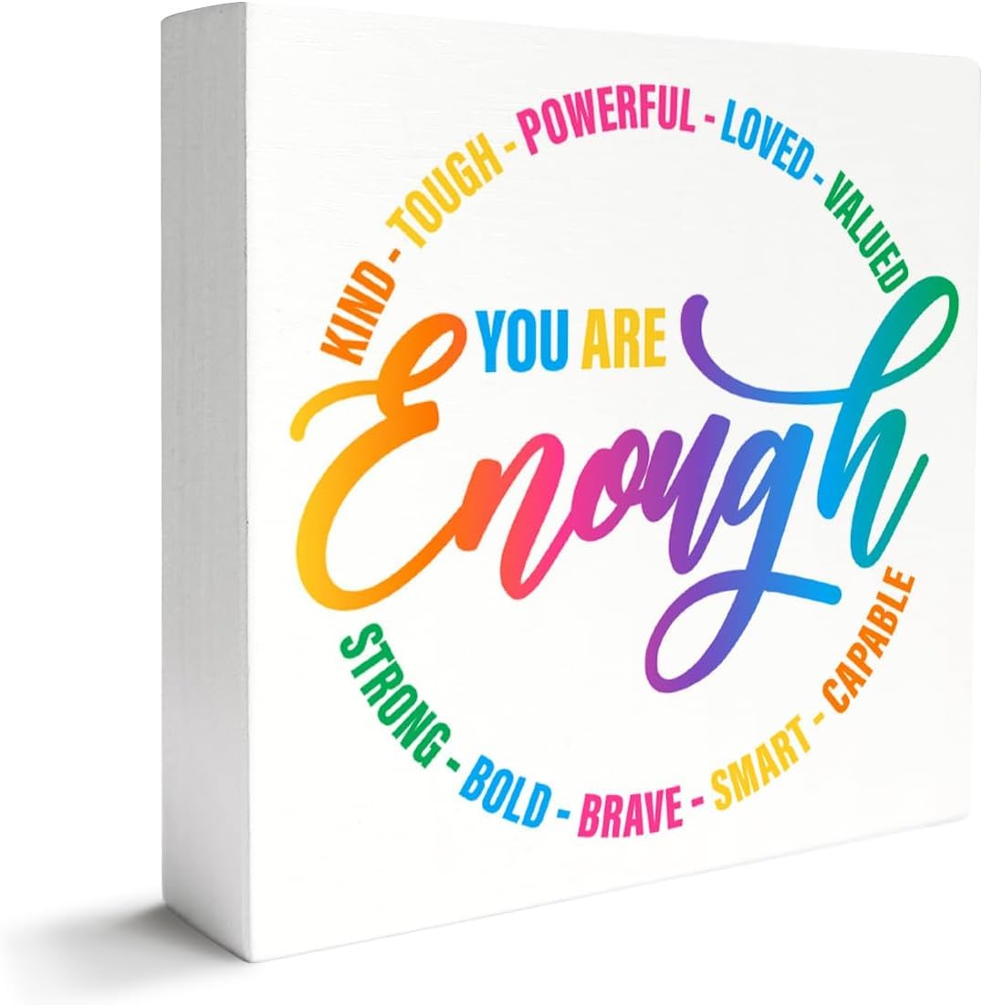 Inspirational Box Sign 5x5 Inch You Are Enough Rainbow Desk Decor