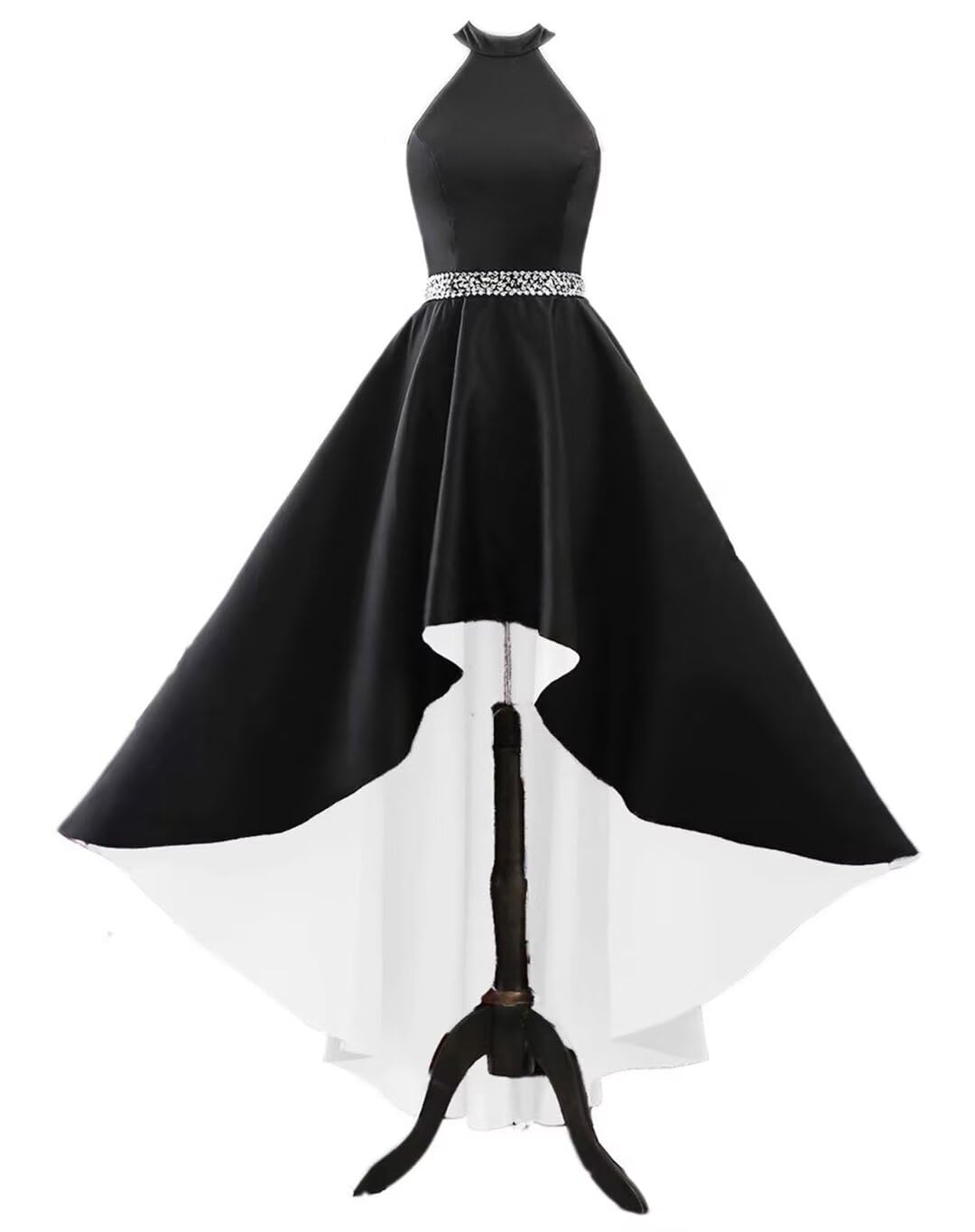 Satin Halter Prom Dresses for Women High Low Beaded Ball Gowns A-Line Formal Dress Wedding Party Gown with Pockets