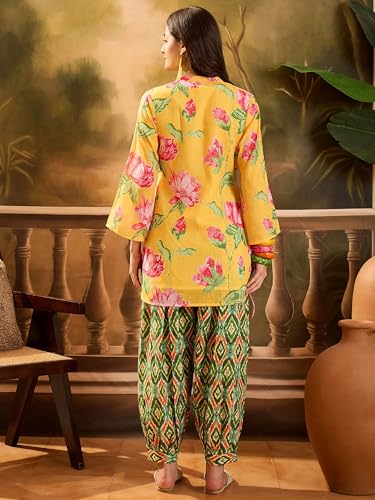 Image of EthnicJunction Women's Linen Floral Print Summer Wear Straight Short Kurti with Afghani Pant Set | Co Ord Set for Women Stylish | Fusion wear Women