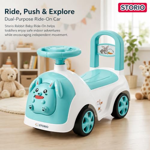 Image of Storio Rabbit Baby Ride-On Car Toy | Non-Battery Push Car for Kids with Backrest & Steering Wheel | Baby Ride On Toy for Boys & Girls 1-3 Years | Ocean Blue