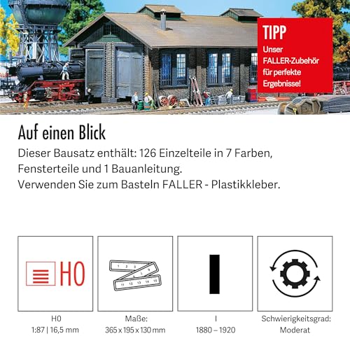 FALLER Lokschuppen 2-ständig Modellbausatz mit 126 Einzelteilen 365 x195 x130mm I Modelleisenbahn Zubehör H0 Gebäude I Modelleisenbahn H0 Lokwerkstatt – Bild 5