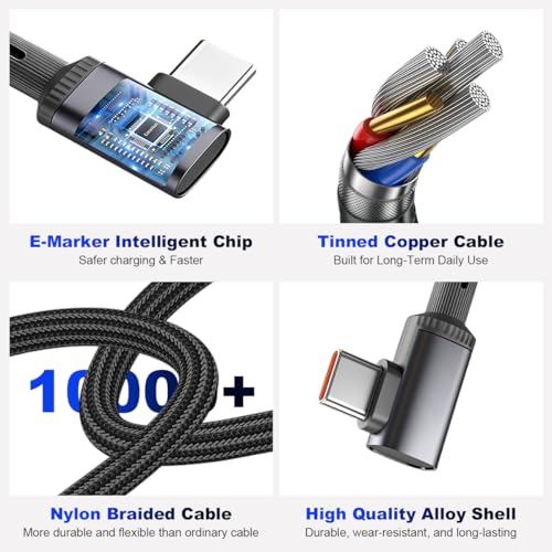 Image of Verilux Right Angle PD 100W Type C Cable Fast Charging 10FT, Nylon Braided C Type Charger Cable with 480Mbps Data Sync, Dual L Shaped for iPhone 17 /16 /15, Galaxy S26 /S25 /S24, Laptop, Tablet