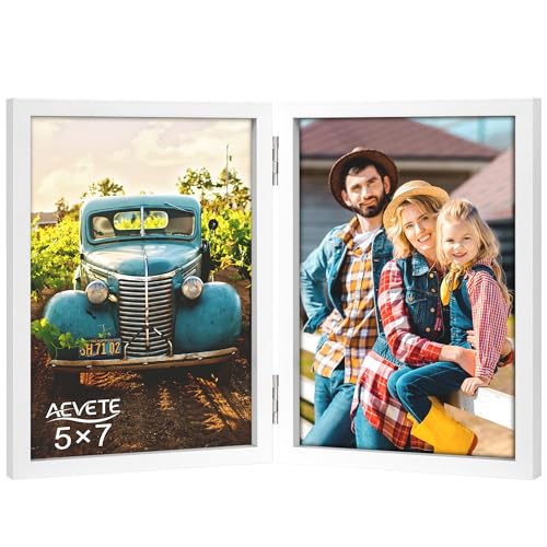 Image of AEVETE 5x7 Picture Frames Double Hinged Wood Folding Photo Frames Vertical with Plexiglass Front, White