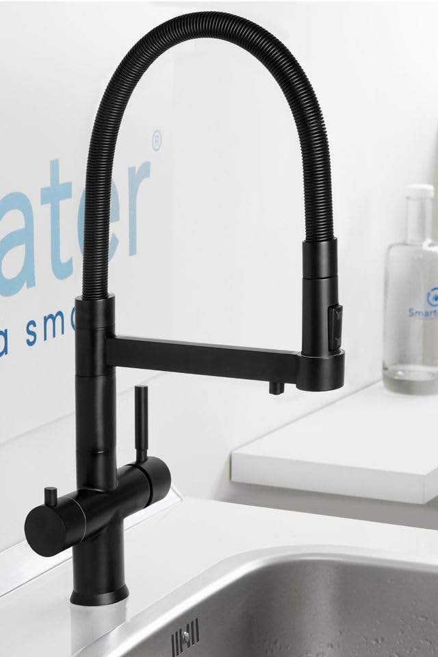 SmartWater® Smart Tap Flex black Rubinetto Cucina 5 Vie in Ottone con Doccetta Flessibile, Acqua Calda/Fredda e Acqua Depurata Compatibile con Impianti Osmosi e Frigo Gasatore