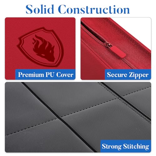 Image of Premium Zip Card Binder, Fabmaker 9 Pocket Trading Card Binder, PU Cover Zipper Card Collection Album, Sturdy 360 Side-Loading Card Folder Holder for Game & Sports Cards, Red