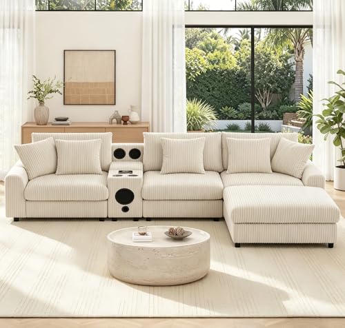 Image of Merax 4 Seater Corduroy Sectional Modular Couch Sofa w /Bluetooth Speakers, L Shaped Deep Seat Cloud Comfy Couches Sofa w /Console, USB Charger, Cup Holders, Storage, Ottoman Chaise for Living Room