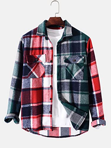 Image of ZAFUL Unisex Plaid Flannel Shirt Jacket Button Down Long Sleeve Pocket Coat Outwear | Mens Fall Clothes Lightweight Long Sleeve Button Down Flap Pocket Jacket Tops for Fall&Winter 2026