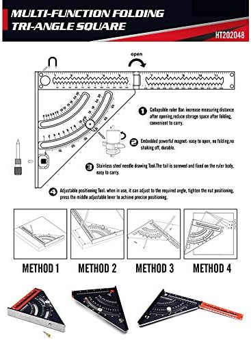 HINMAY  2 in 1 Extendable Layout Tool, 6 Inch Extendable Folding Triangle Ruler, Aluminum Rafter Square Carpenter Square with Base Precision Goniometer Multi-angle Measurement Woodworking Tools