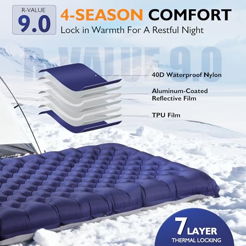 TOBTOS Camping Sleeping Pad with 9.0 R-Value, 4" Thick Inflatable Camping Mattress for All Season, Compact Insulated Sleeping Mat for Backpacking & Hiking (Rectangular) by TOBTOS - Image 2
