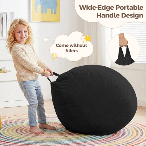 Image of Stuffed Animal Storage Bean Bag Chair Cover for Kids (No Filler), Soft Comfy Velvet Beanbag Chair Cover Machine Washable, Kids Bean Bag Chair with Handle for Living Room Bedroom Dorm, Black