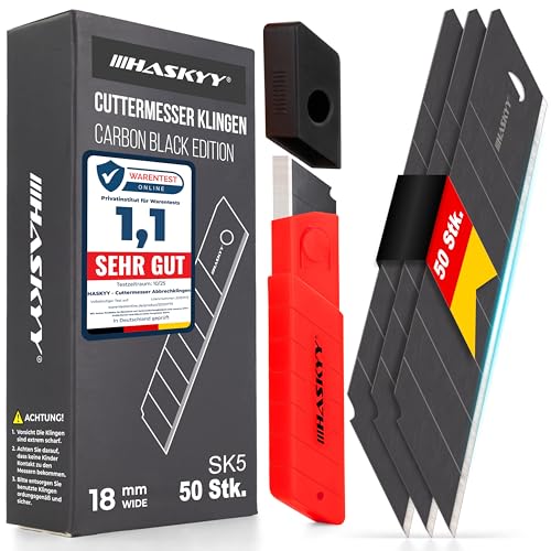 HASKYY Cuttermesser Abbrechklingen Ersatzklingen 50x SK5 Klingen 18mm aus Carbonstahl für Teppichmesser – Cutterklingen – Schwarz – extrem scharf