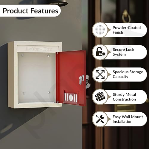 Image of Plantex Wall Mount A4 Size Letter Box - Mail Box /Letter Box for Home gate with Key Lock (Red & Ivory)