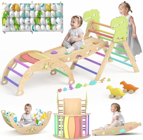 Image of KidsBuddy Pikler Triangle Set with Cushion 9 in 1 Large Climbing Toys for Toddlers 1-7 Indoor Baby Gym Montessori Toys Wooden Climbing with Maze, Shape Sorting, Dinosaur Car