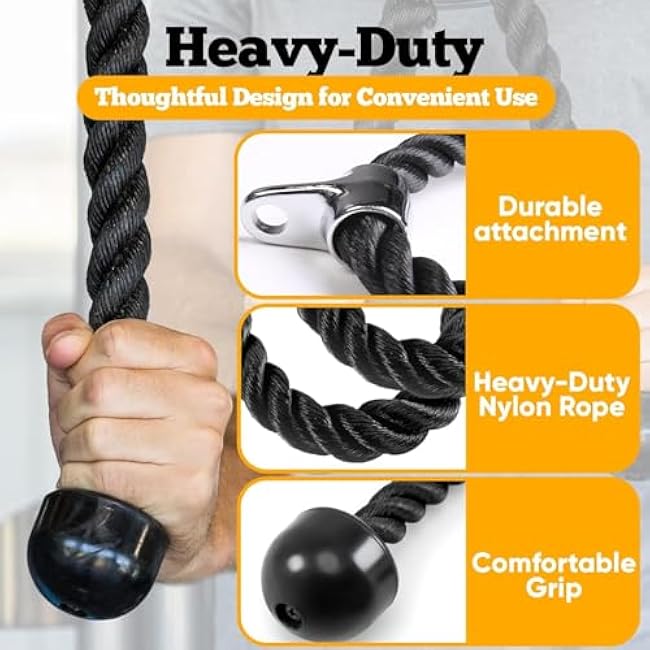 Double Length Tricep Rope for Cable Machines - 55 Inch Heavy Duty Pulldown Attachment, 4ft 7in Gym Strength Training Accessory & Home Workout Equipment