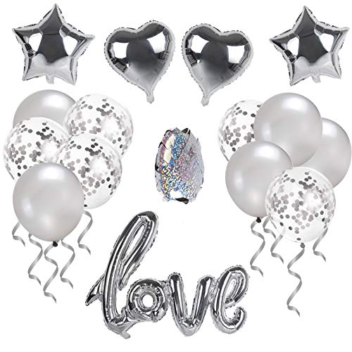 Silver Love Party Decorations Suplies Kit, Including Heart Balloons ,Pentagram Balloons, Confetti Balloons, for Anniversaries Wedding Propose Bachelor Party 16 PCS