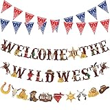 5 PCS Western Party Banners - Wild West Pennant and Cowboy Bandana Banner - Welcome to the Wild West Garlands - Hanging Decorations for Western Cowboy Birthday Party Supplies