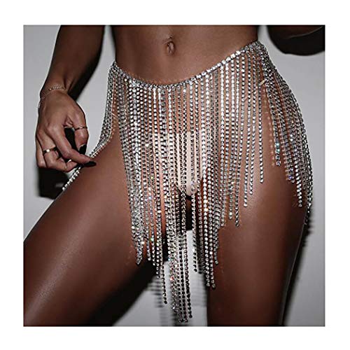 Fstrend Rhinestone Body Chains Crystal Dance Skirts Tassel Sexy Bikini Beach Chain Hip Waist Belts Fashion African Swimsuits Nightclub Jewelry Accessories for Women and Girls (Silver)