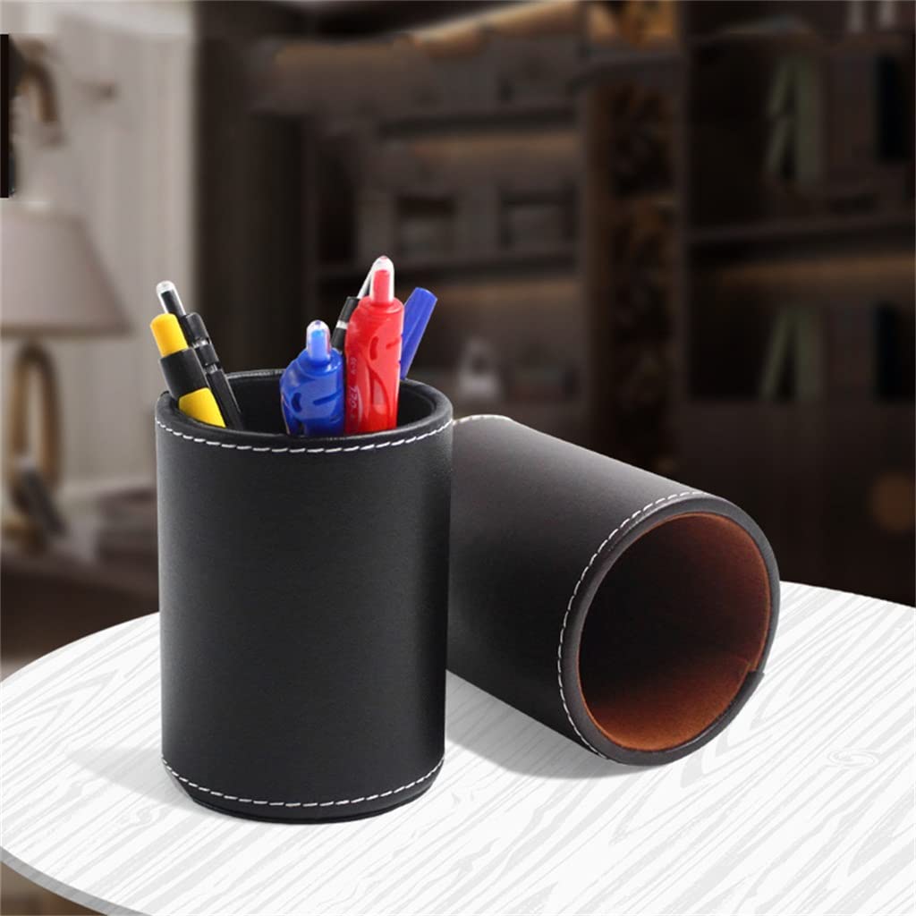 Business-Stiftehalter aus Leder, rund, für den Schreibtisch, für Schreibwaren, kreatives Bürobedarf, Bleistifthalter (schwarz, 8 x 10,8 cm)