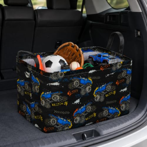 Image of Rectangular Monster Truck Storage Basket for Boys, Basket Trucks Toy Storage Bin with Handles, Collapsible Organizer Basket for Kids Bedroom, Playroom and Clothes Storage