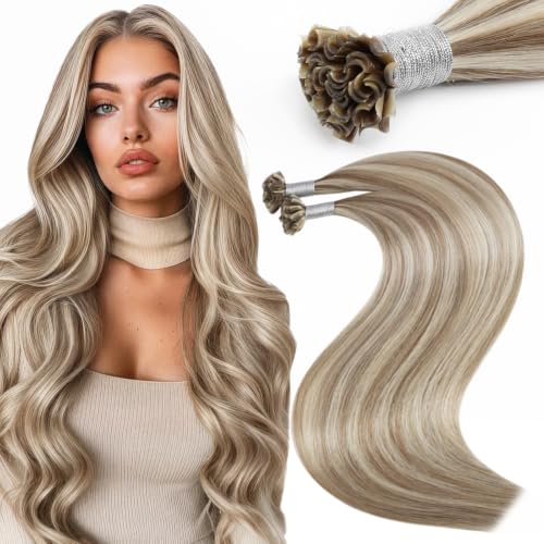 Moresoo U Tip Hair Extensions Human Hair, Light Brown Blonde, 16 Inch