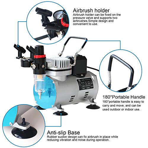 Professional Airbrushing Paint System with 1/5HP Air Compressor with Cooling Fan Auto On/Off and 2 Airbrush Kits with Airbrush Cleaning Pot and Replaceable Nozzle Needle for Makeup,Cake Decoration,Art