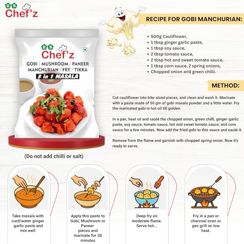 Image of RS Chef'z Gobi Manchurian Masala Powder 180g (30g x 6 Packs) | Ready Mix Spice for Paneer, Mushroom & Gobi 65 | Authentic Indo-Chinese Gravy & Dry Fry Mix | No Artificial Colors