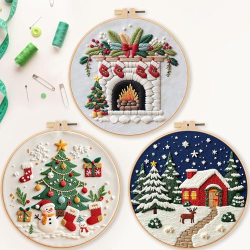 Image of LB Christmas Embroidery Kit for Beginners Adults, 3 Sets Hand Embroidery Starter Kit with Fireplace Pattern and Instructions Stamped Cross Stitch Kits Include Embroidery Hoop Needles Threads Scissors