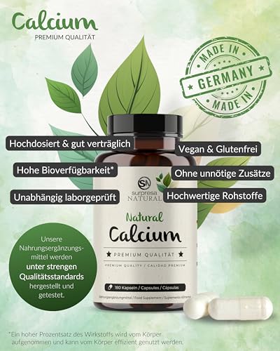 Surpresa Natural Calcium Kapseln hochdosiert I 180 Kapseln I 230 mg natürliches Kalzium pro Kapsel I natürliches, aus Algen gewonnenes Kalzium I Nahrungsergänzungsmittel vegan & laborgeprüft