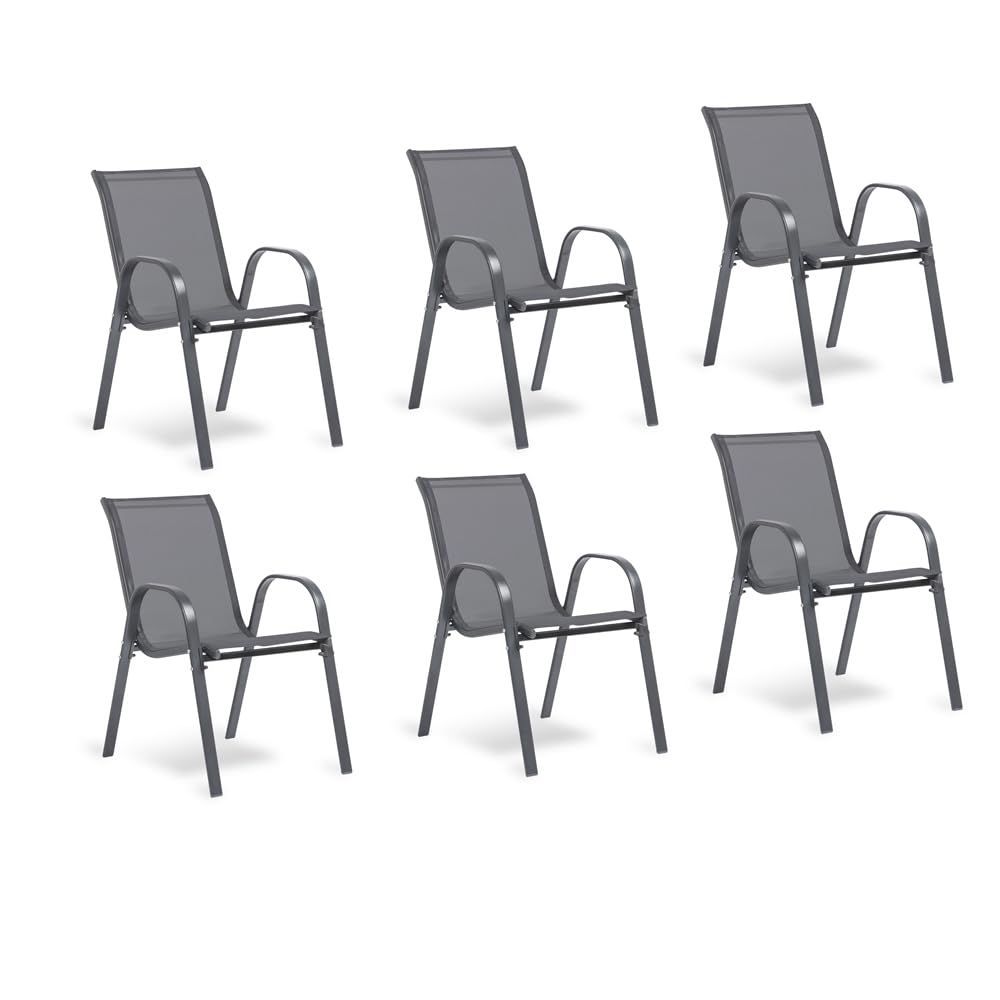 TERRE JARDIN - Chaises de Jardin, Lot de 6 - Chaises Empilables - Gris Anthracite, en Textilène Haute Densité pour Extérieur - Confortables et Design - Unité - Anthracite