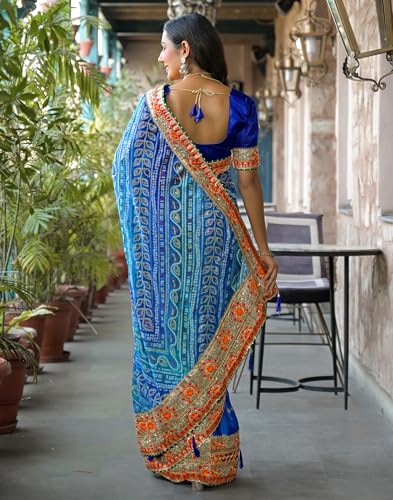Image of SIRIL Women's Bandhani Printed, Foil Print, Sequins Embroidery And Pearl Lace Chiffon Saree With Unstitched Blouse Piece