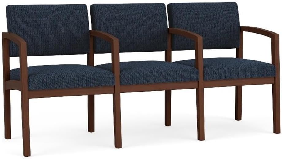 Lenox Wood Reception Waiting 3-Seat Tandem Seating/Walnut Wood/Blue