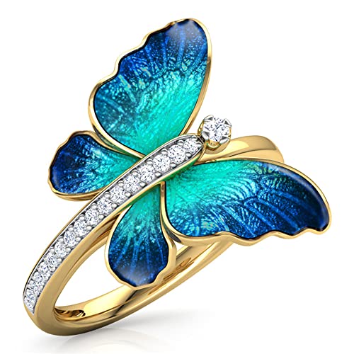 14K Gold Zircon Butterfly Ring Butterfly Rings for Women Animal Statement Promise Ring Butterfly with Cubic Zirconia Gold Plating Butterfly Rings Jewelry(Size 10