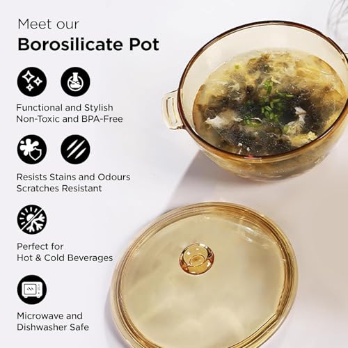 Image of Brown Glass Casserole Deep Round 1000 ML - Oven and Microwave Safe Serving Bowl with Glass Lid (4 Pc, Brown - B)