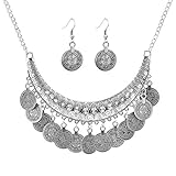 QIAN0813 Dancing Gypsy Jewelry Ethnic Coin Bib Necklace Drop Earring 2 Pcs Jewelry Set Women Exotic Bohemian Accessories (Antique Silver)