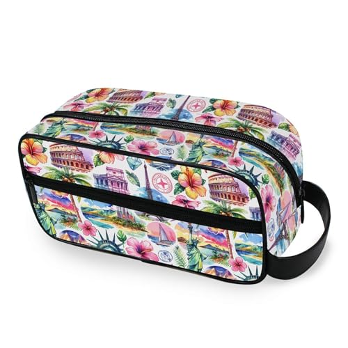 Burbuja Bolsa de Higiene Pessoal de Viagem Famosa Landmarks para Mulheres e Homens, Organizador Portátil de Maquiagem para Acessórios de Higiene Pessoal com Alça