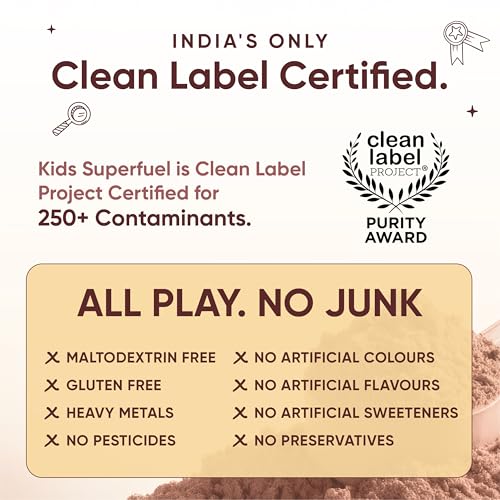 Image of Wellbeing Nutrition Kids Superfuel 7+years |Zero Added Sugar |9g Milk Protein Isolate, 23 Vitamins & Minerals, 100mg DHA, 3g Fiber, Probiotics |Height Growth, Immunity & Brain| Chocolate, Nutrition Drink Powder, 33g