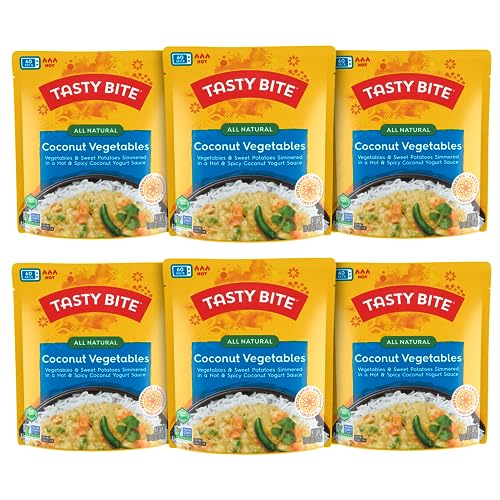 Tasty Bite Hot &amp; Spicy Coconut Vegetables, 10 Ounce, Pack of 6, Ready to Eat, Microwavable Entree, Vegetarian, Packaging May Vary