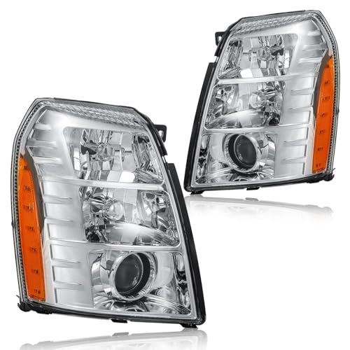 DimFlux Headlight Assembly for 2007-2014 Cadillac Escalade/2007-2014 Escalade ESV/2007-2013 Escalade EXT Driver Left & Passenger Right Side Replacement Chrome Housing Amber Reflector