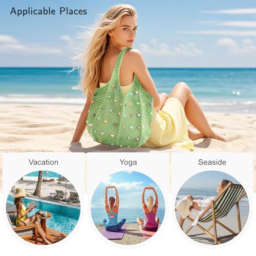 Image of Crochet Tote Bag for Women Mesh Summer Beach Bag Large Knitted Bag Woven Shoulder Handbag Vacation Aesthetic Hobo Bag Travel