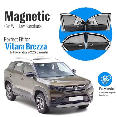 Image of Autofact Magnetic Car Sunshades Compatible with Maruti Brezza (2022 to 2024) (Set of 4) - Easy Installation, UV Protection (Front 2 Half-Cut for Side Mirror Visibility, Rear 2 with Zippers)