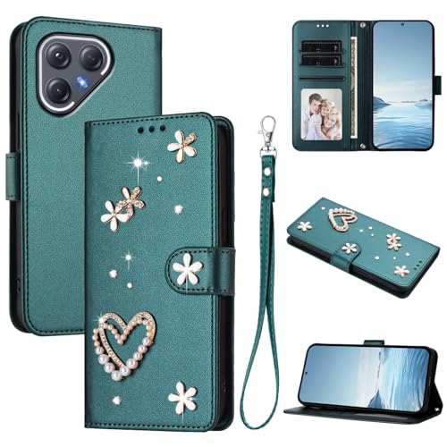 Jiajihua Case Compatible with Tecno Pova 7 Pro Lanyard【Card Holder Wallet Flip Cover Magnetic Buckle Kickstand】 Green