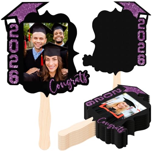 FunooFuno 24 Pcs Custom Graduation Cutout Face Fans with Handle Double Sided Grad Party Supplies Class of 2026 Grad Photo Props Blank DIY Photo Frame for Graduation Party Souvenirs(Purple)