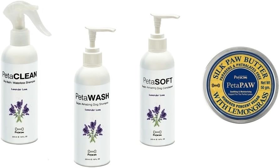PETACOM Soothing Combo for Hyper Dogs - Petacom Paw Butter with Lemongrass Extracts and Shampoo, Conditioner, Dry Bath with Lavender Essential Oil, 225ml